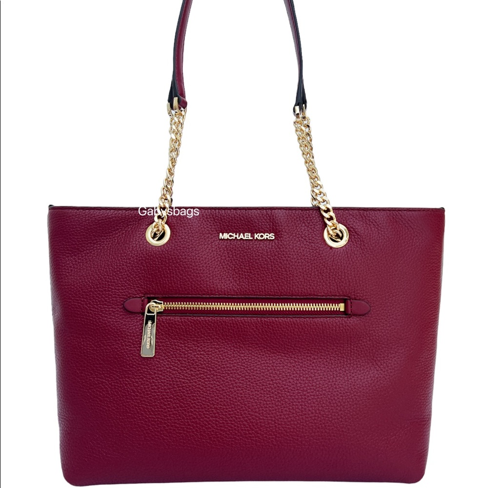 Michael Kors Jet Set Medium Front Pocket Chain Top Zip Tote Mulberry Leather - Picture 3 of 6